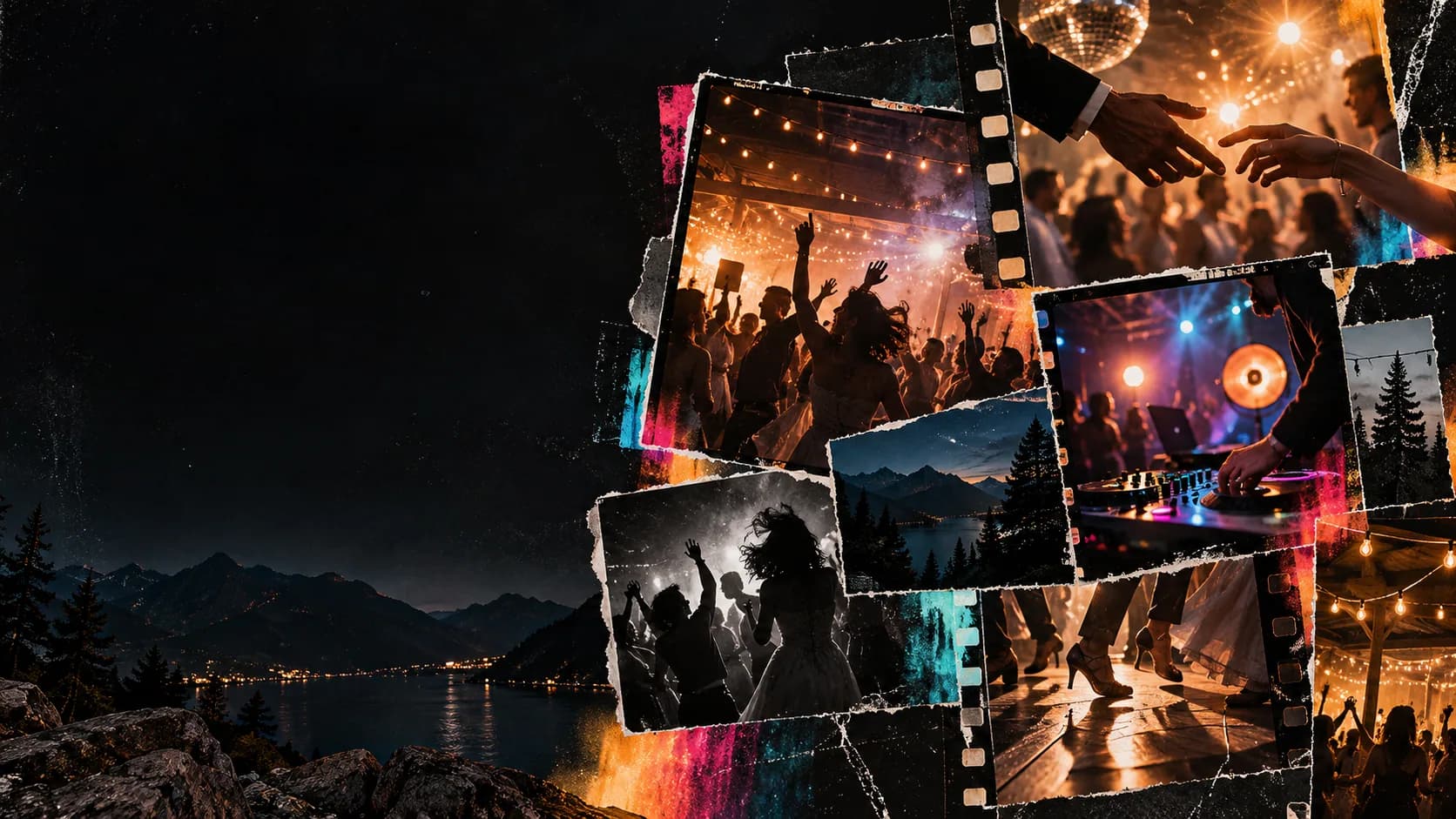 Editorial collage of mountain wedding dance-floor moments, DJ equipment and string lights