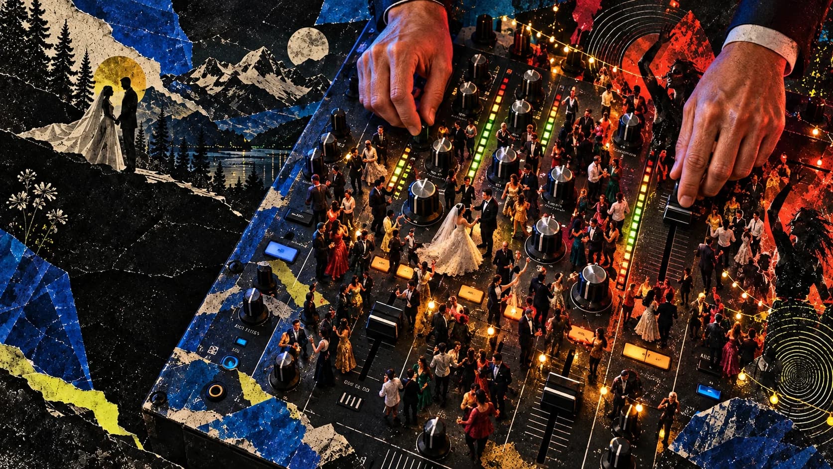 DJ mixer and wedding crowd collage