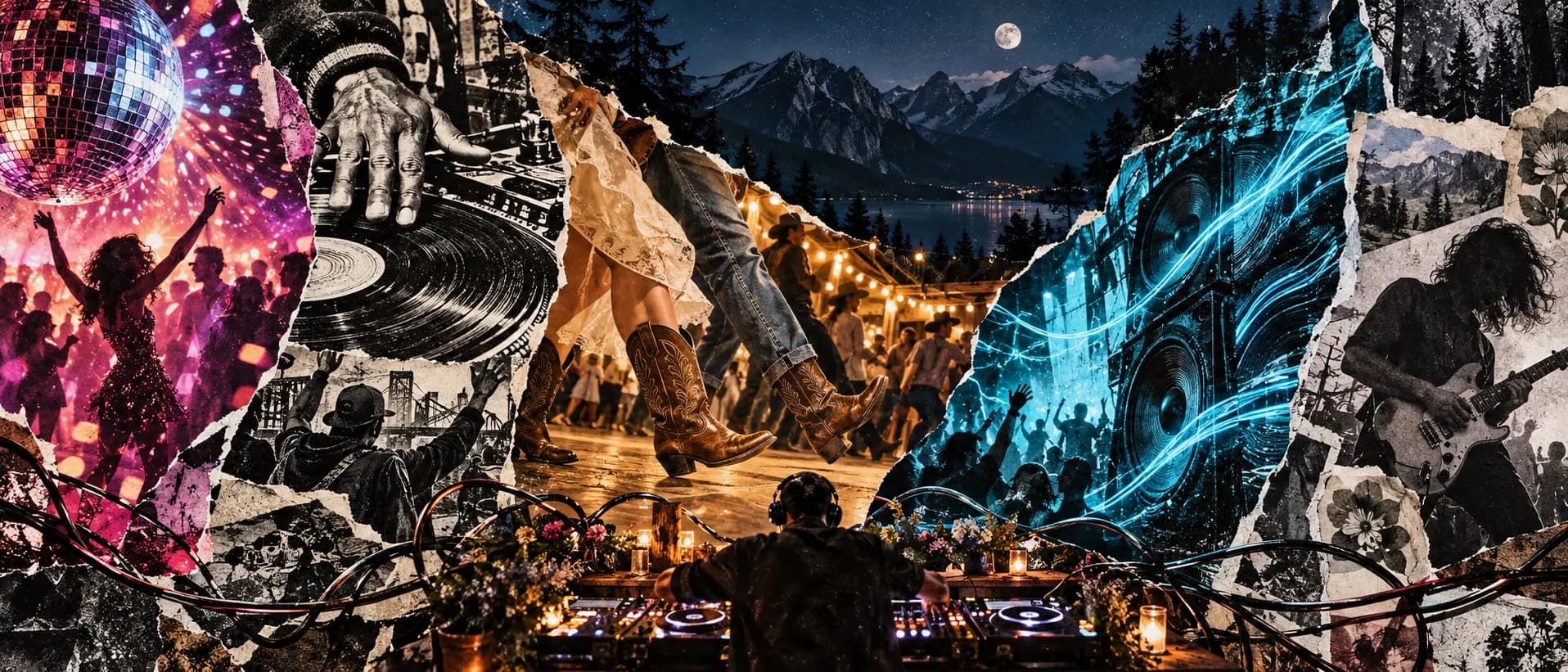 Editorial music collage moving through disco, hip-hop, country, drum and bass, and indie visual styles at a Squamish wedding