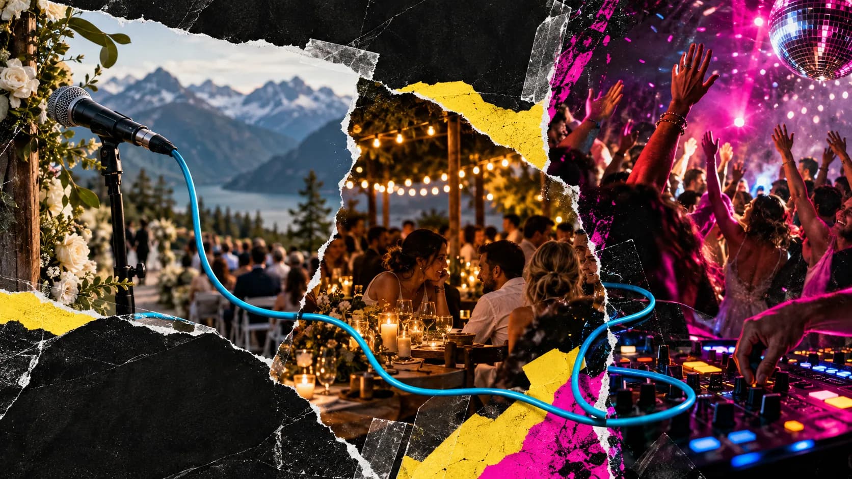 Editorial collage of a Squamish mountain ceremony, dinner lights, DJ equipment and a wedding dance floor