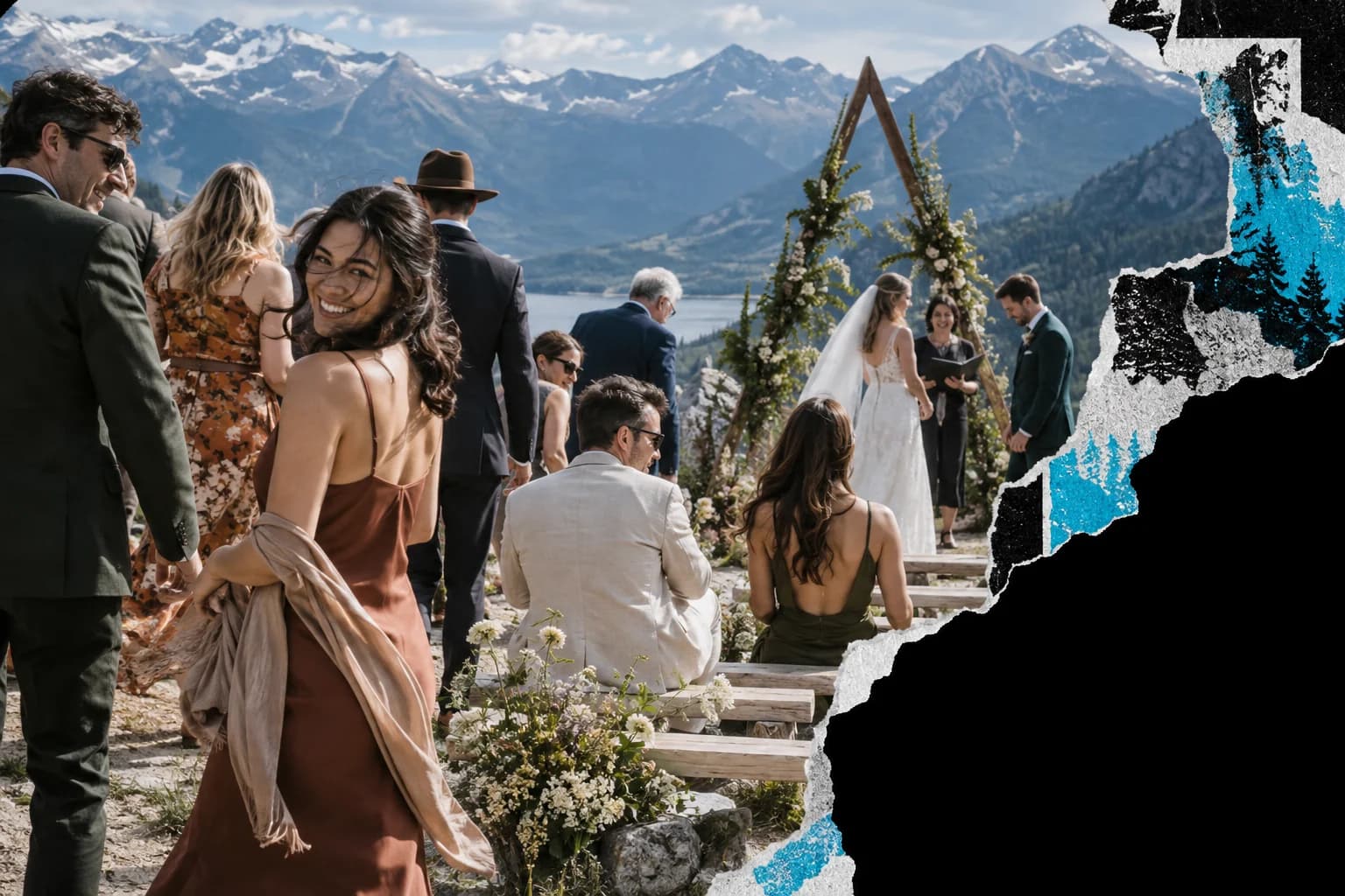 Wedding guests looking toward a mountain ceremony